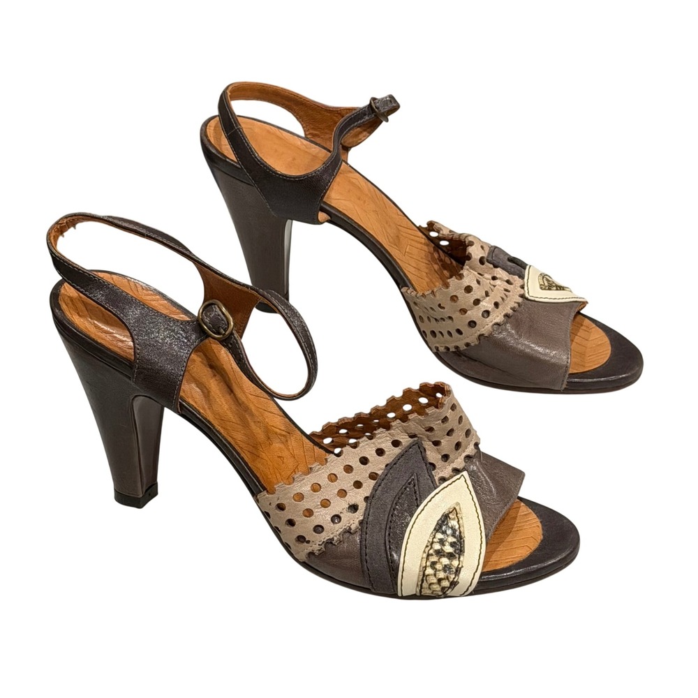 Chie Mihara Vulcano Heel Strap Sandal Womens 8.5 Brown Taupe Perforated Leather - Picture 4 of 16
